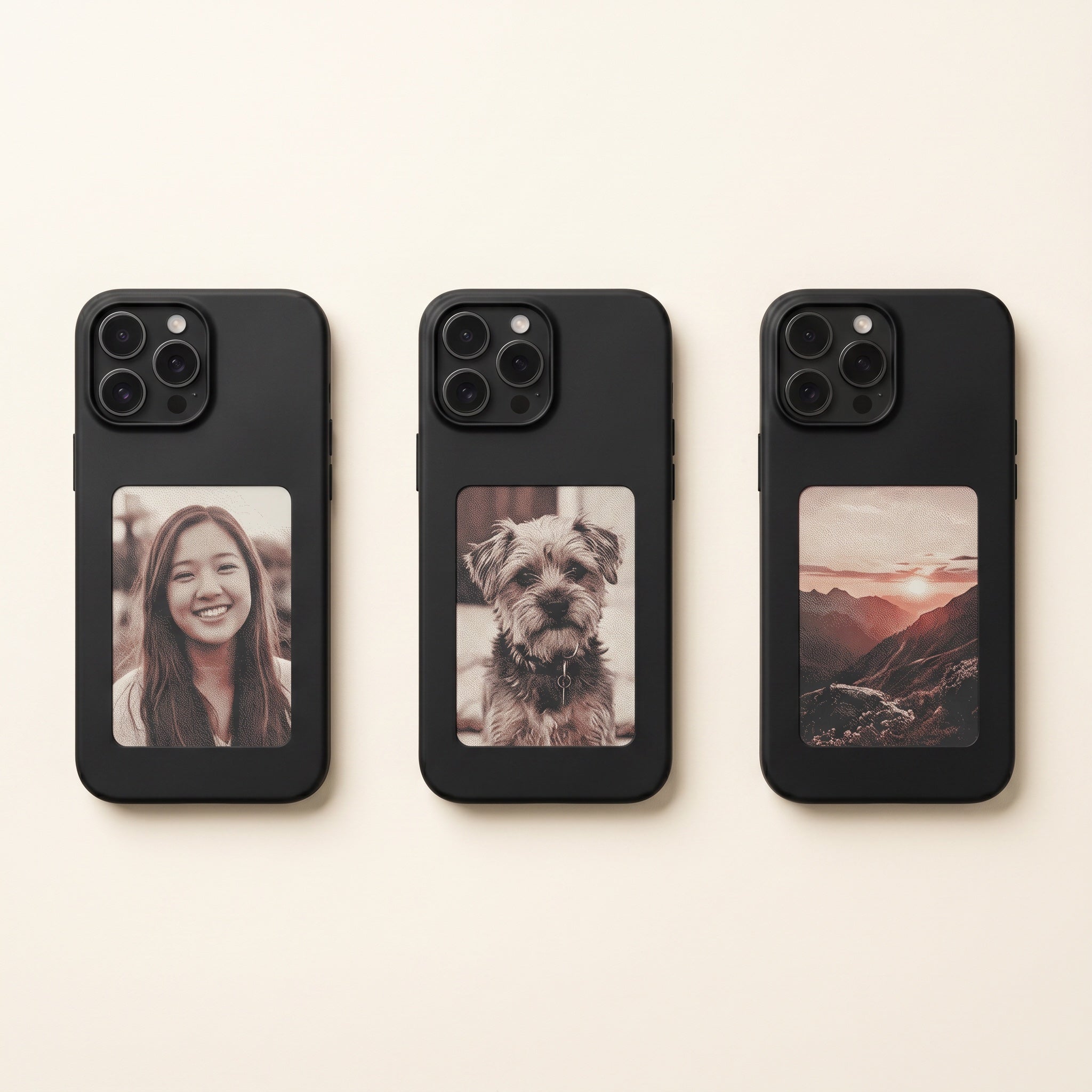 Three Inkleaf cases, each e-ink panel showing a different photo