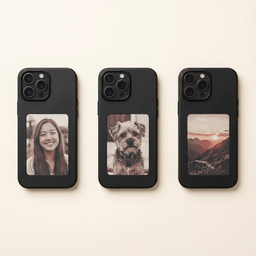 Three Inkleaf cases, each e-ink panel showing a different photo