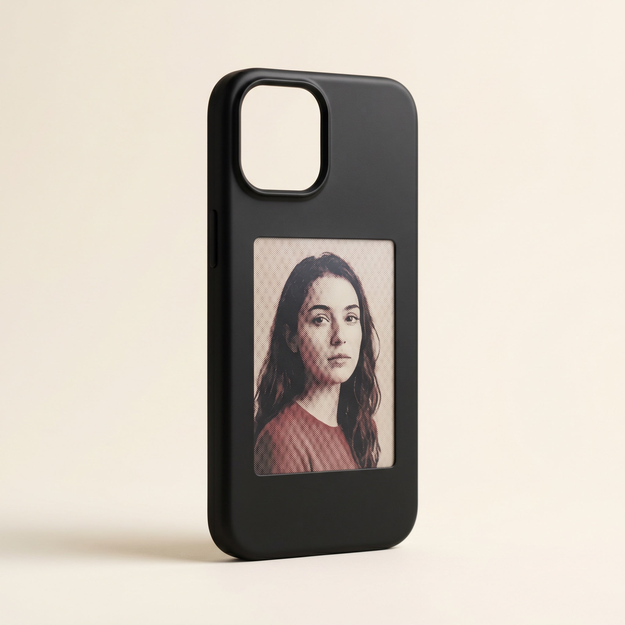 The Inkleaf Case, matte black, e-ink photo panel on the back
