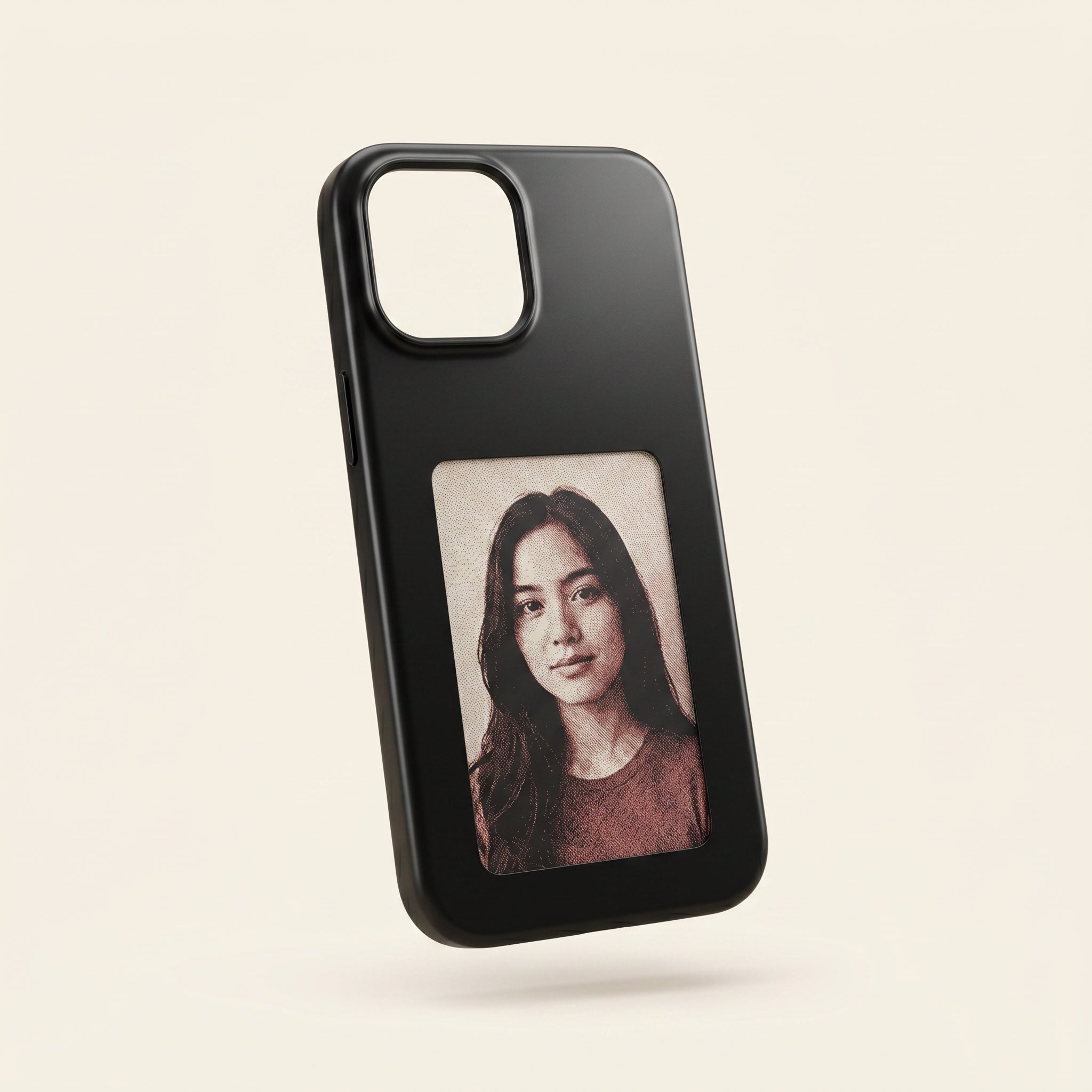 The Inkleaf Case in matte black, e-ink photo panel on the back